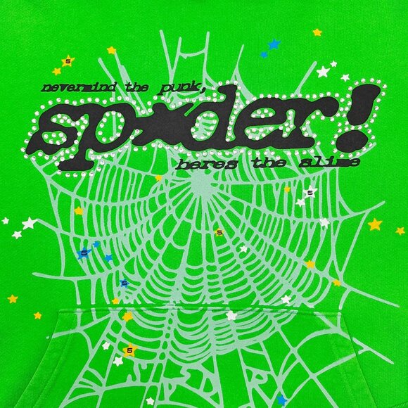 Sp5der P*NK V2 Rhinestone Hoodie Sweatshirt Bright Green | Spider Worldwide - Picture 3 of 5